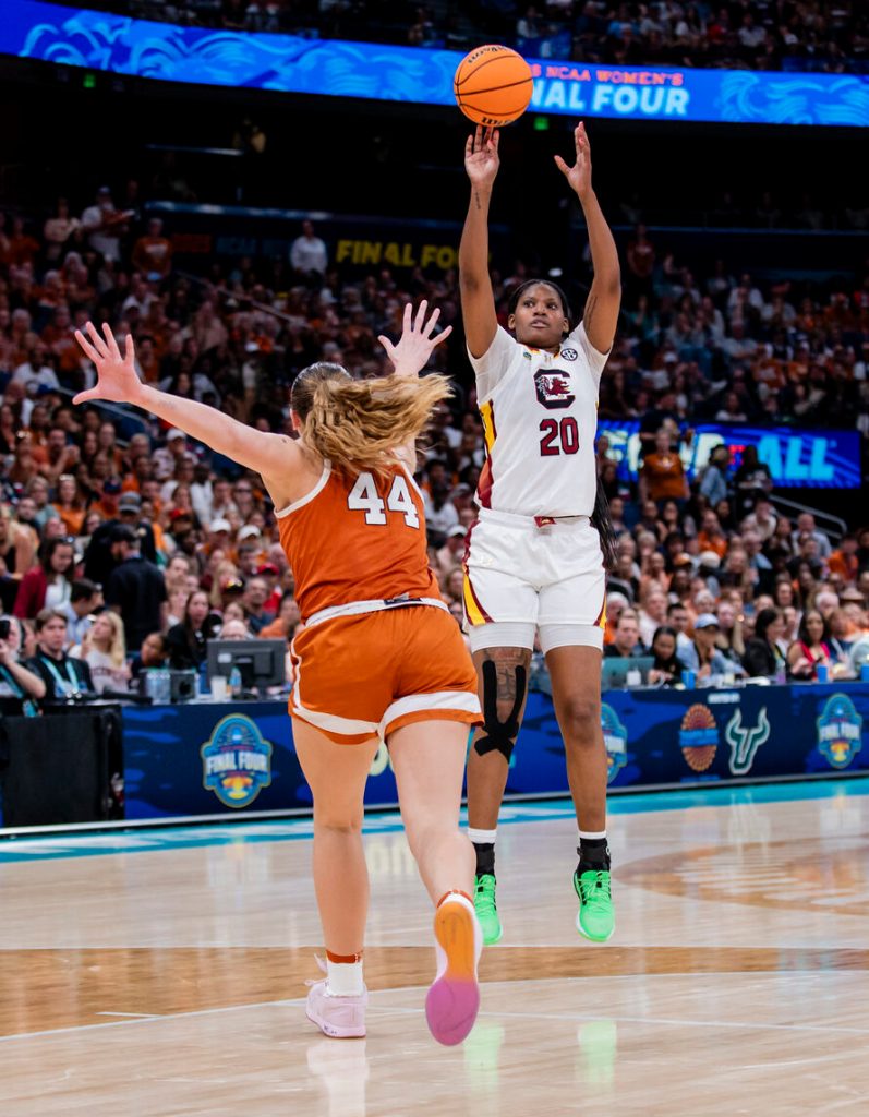 South Carolina forward Sania Feagin (20) shoots the ball over a closing out Texas defender during the NCAA women’s semifinal game on April 4, 2025, at Amalie Arena in Tampa, FL.