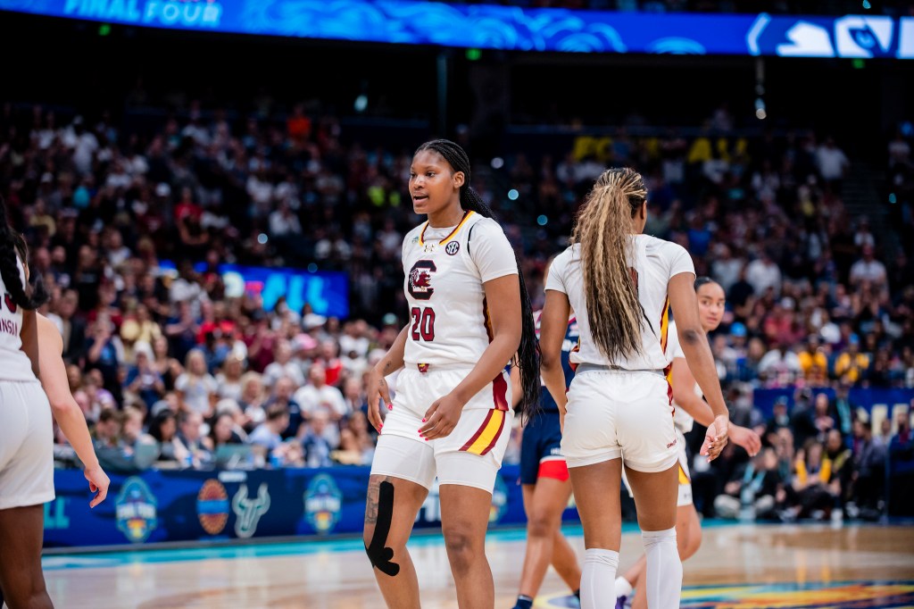 South Carolina forward Sania Feagin (20) lines up for a free throw as Bree Hall walks past during the national championship game against UConn at Amalie Arena in Tampa, Fla., on April 6, 2025.