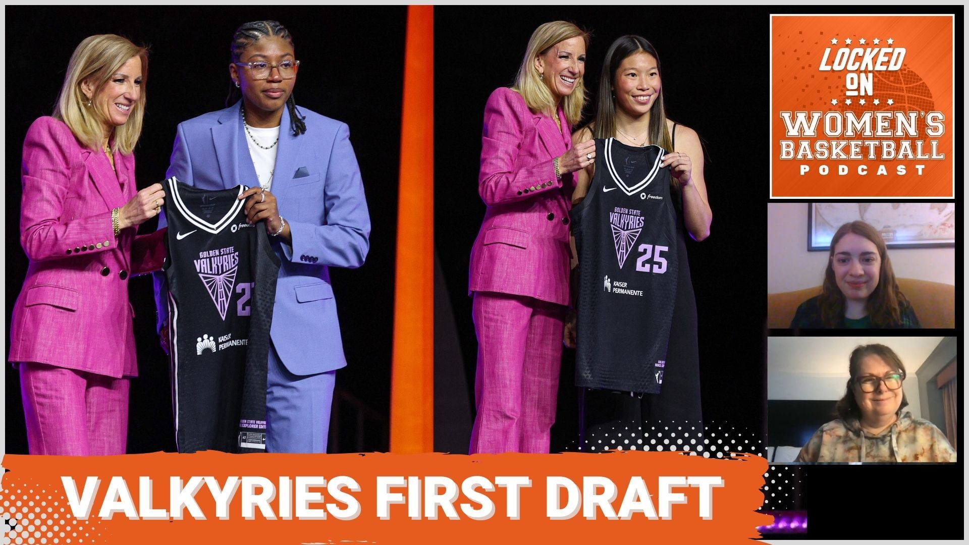 Commissioner Cathy Engelbert poses with two Valkyries' draft picks during the 2025 WNBA Draft