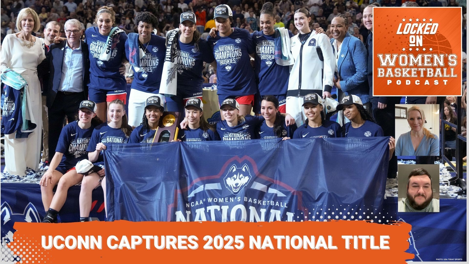 UConn team poses for a photo after winning the NCAA Tournament