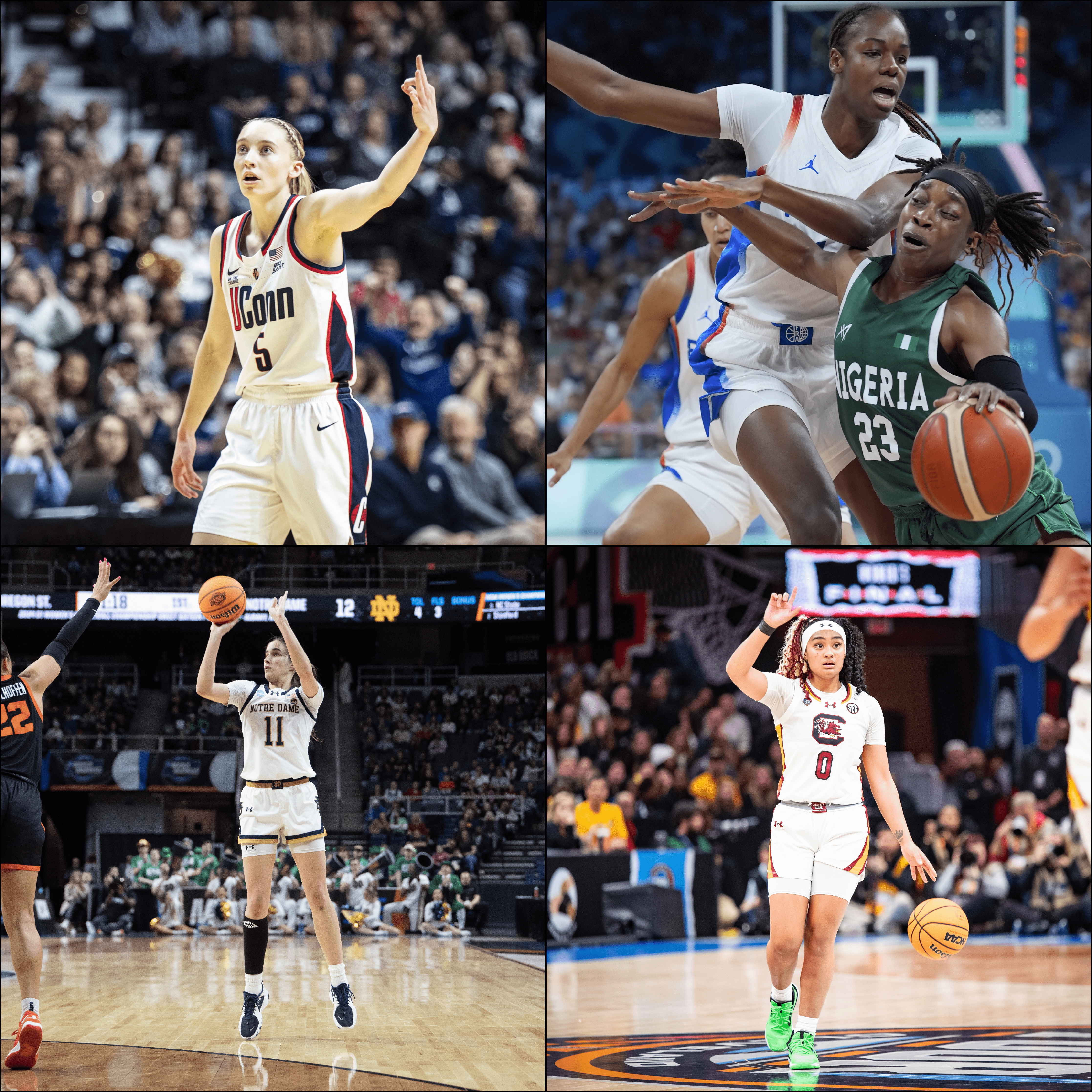 A collage of four pictures of 2025 WNBA draft prospects: top left, UConn point guard Paige Bueckers holds out three fingers in the ok sign while looking up and out to celebrate a 3-pointer; top right, French national team center Dominique Malonga leans to her right with her right arm outstretches while Nigerian guard Ezinne Kalu swats her left arm to drive in front of her; bottom left, Notre Dame wing Sonia Citron holds the ball in the palm of her hand in midair as she releases a 3-pointer over the outstretched arm of Oregon State guard Talia von Oelhoffen; bottom right, South Carolina combo guard Te-Hina Paopao looks ahead while holding up a hand in an "L" shape and dribbling with her opposite hand.