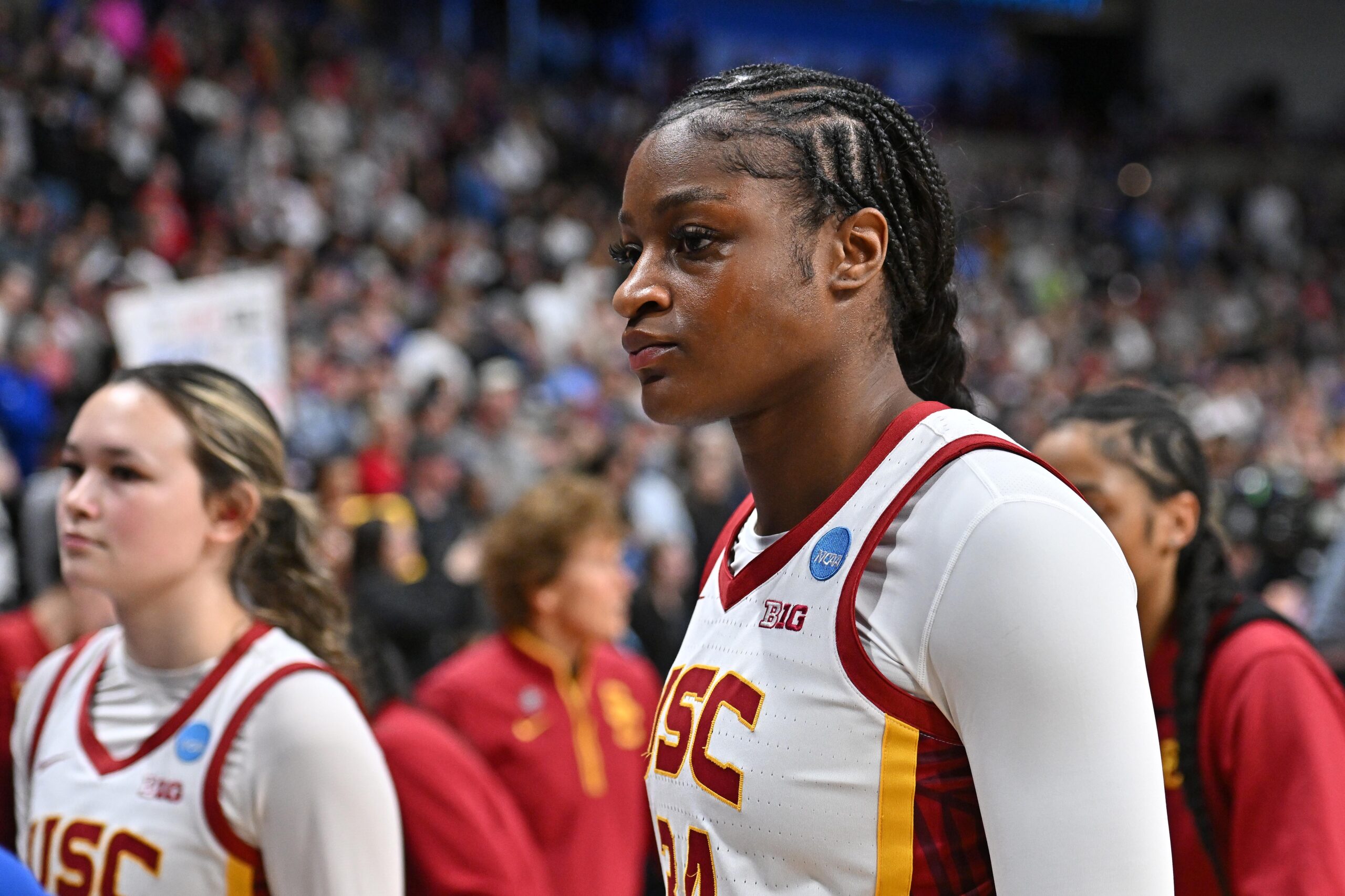 USC center Clarice Akunwafo is shown in profile, walking off the court after losing in the Elite Eight.