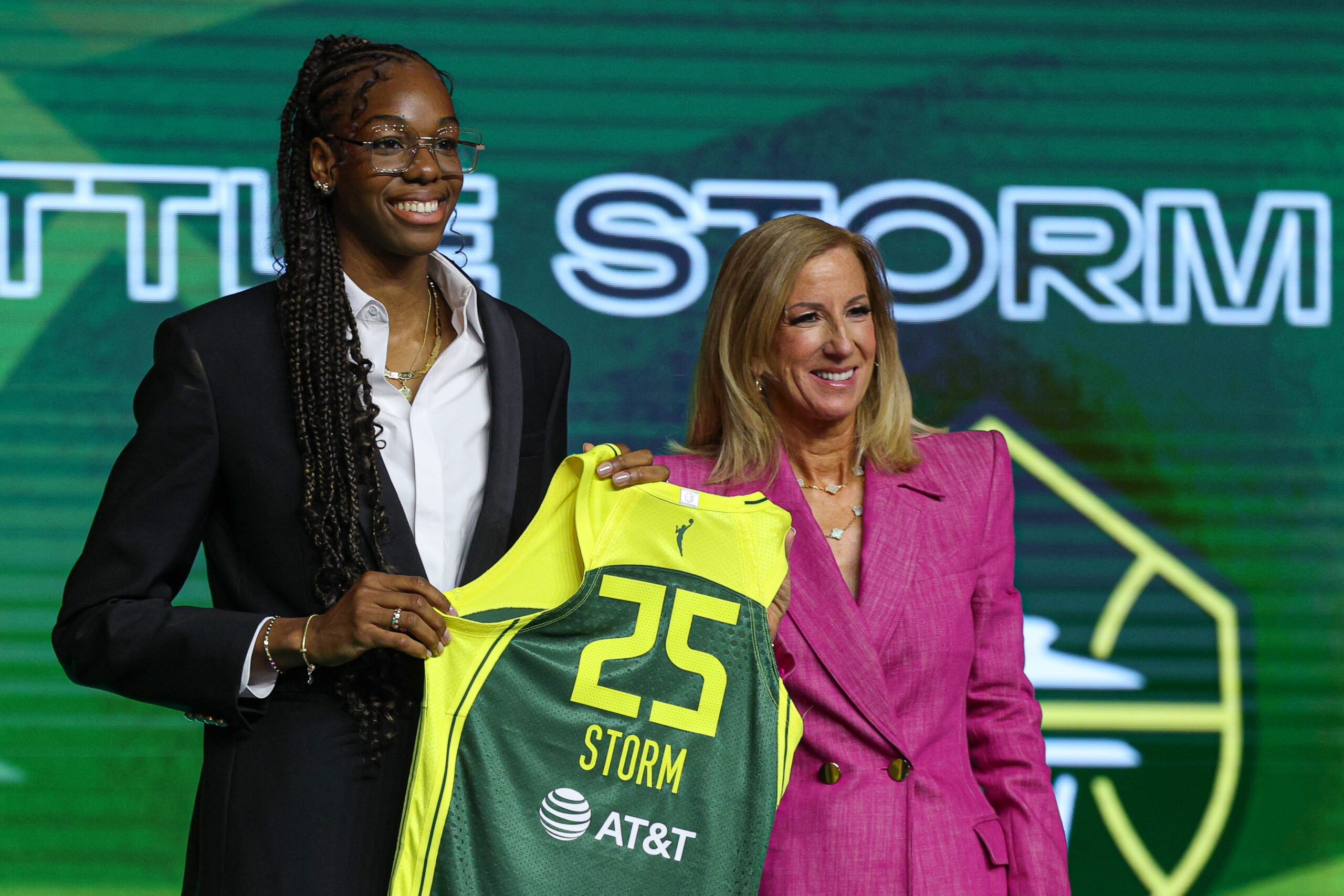 Dominique Malonga poses with WNBA commissioner Cathy Engelbert after being selected with the No. 2 overall pick to the Seattle Storm in the 2025 WNBA Draft at The Shed at Hudson Yards in New York, New York on April 14, 2025.
