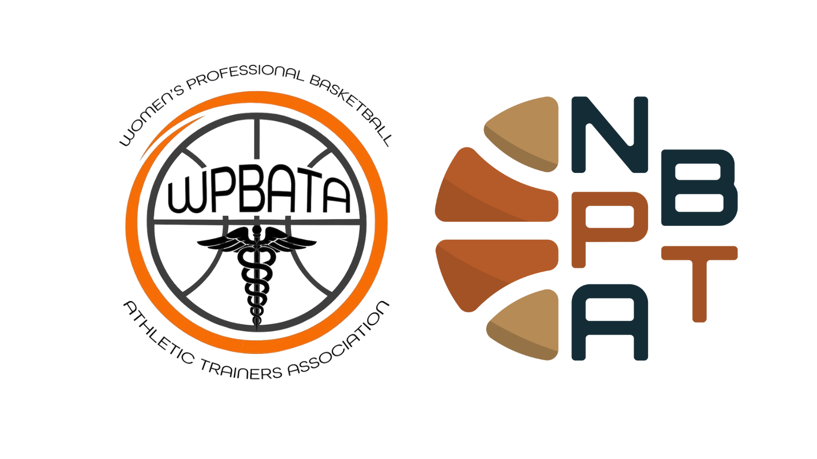 The two logos for the Women's Professional Basketball Athletic Trainer's Association and National Basketball Physical Therapy Association. On the left is the Athletic Trainer's Association Logo with WPBATA inside a basketball along with the caduceus medical symbol. On the right is the physical therapy association logo which is half of a basketball, cut vertically, with the initials NBPTA alongside it.
