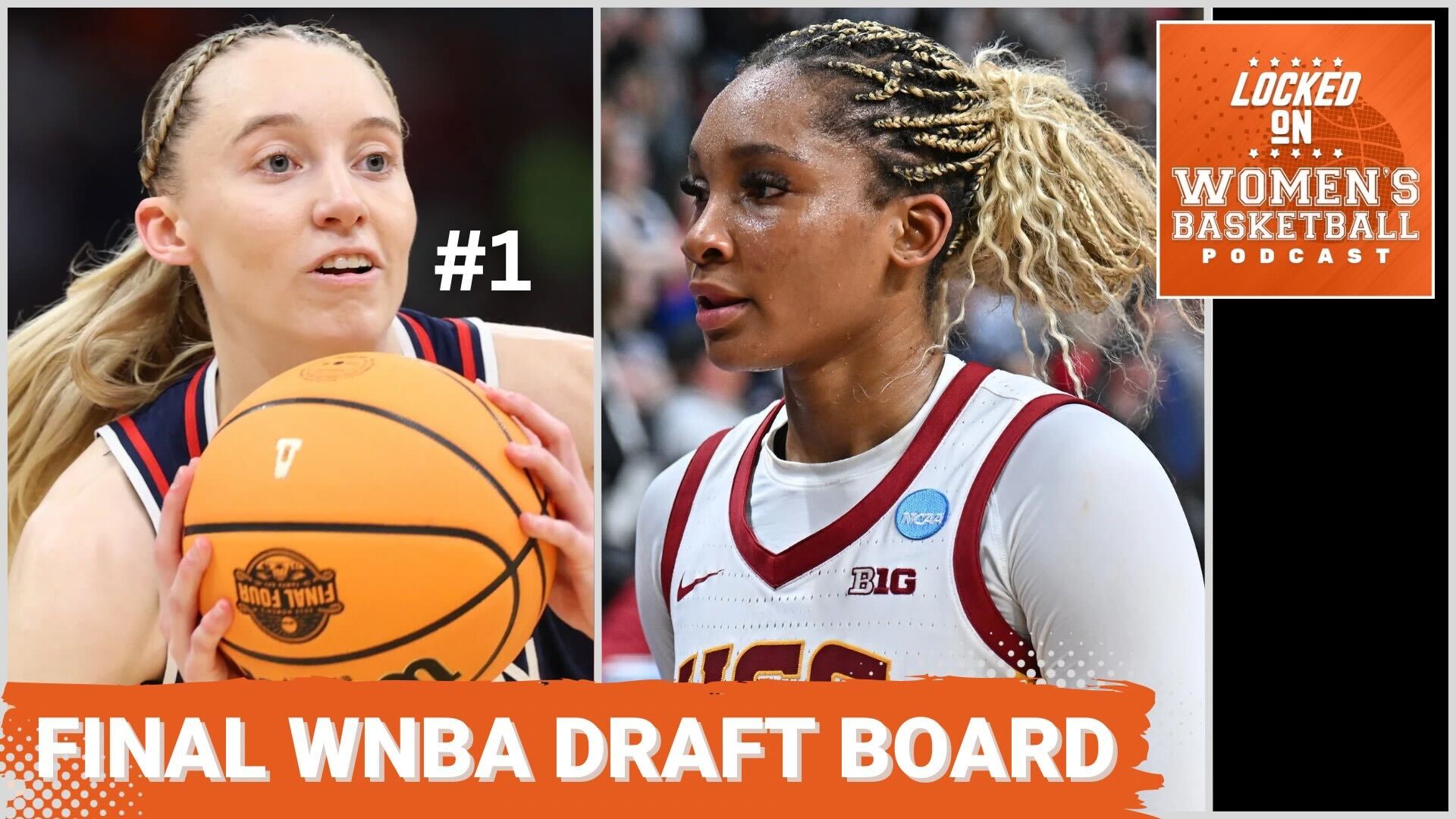 A graphic with side-by-side photos of UConn's Paige Bueckers holding the ball with two hands and USC's Kiki Iriafen standing and looking off to the side. The text "Final WNBA draft board" is overlaid at the bottom in all caps, and the orange Locked On Women's Basketball logo is in the top right corner.