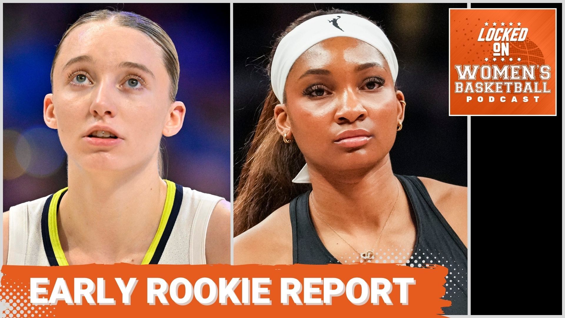 Graphic with headshots of Dallas Wings guard Paige Bueckers at left and Washington Mystics forward Kiki Iriafen at right. Locked On Women's Basketball logo at top right. White all-caps text on orange background at lower right reads "Early Rookie Report".