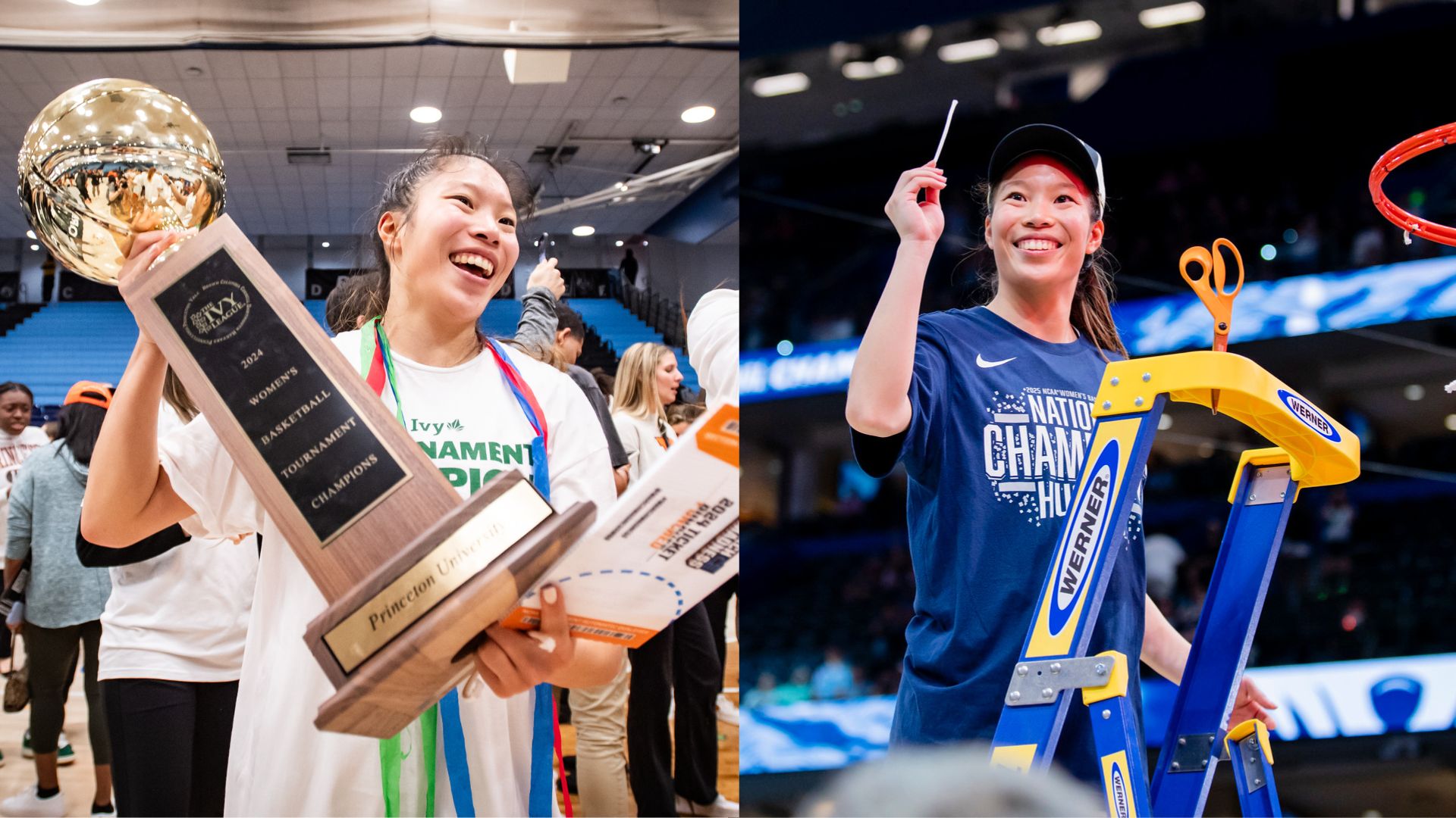 Two photos of Kaitlyn Chen are displayed side-by-side. At left, she holds the 2024 Ivy League Tournament trophy, which is a large wooden trophy with a gold ball on top. At right, she stands on a ladder and holds up a piece of the net that she cut after winning a national championship.