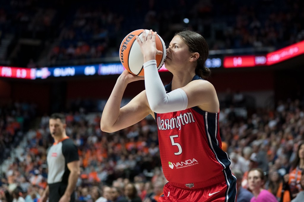 Washington Mystics guard Jade Melbourne (5) looks to shoot during the WNBA game between the Washington Mystics and the Connecticut Sun at Mohegan Sun Arena, Uncasville, Connecticut, USA on May 18, 2025. Melbourne and others will now be able to participate in the FIBA World Cup without missing part of the WNBA season.