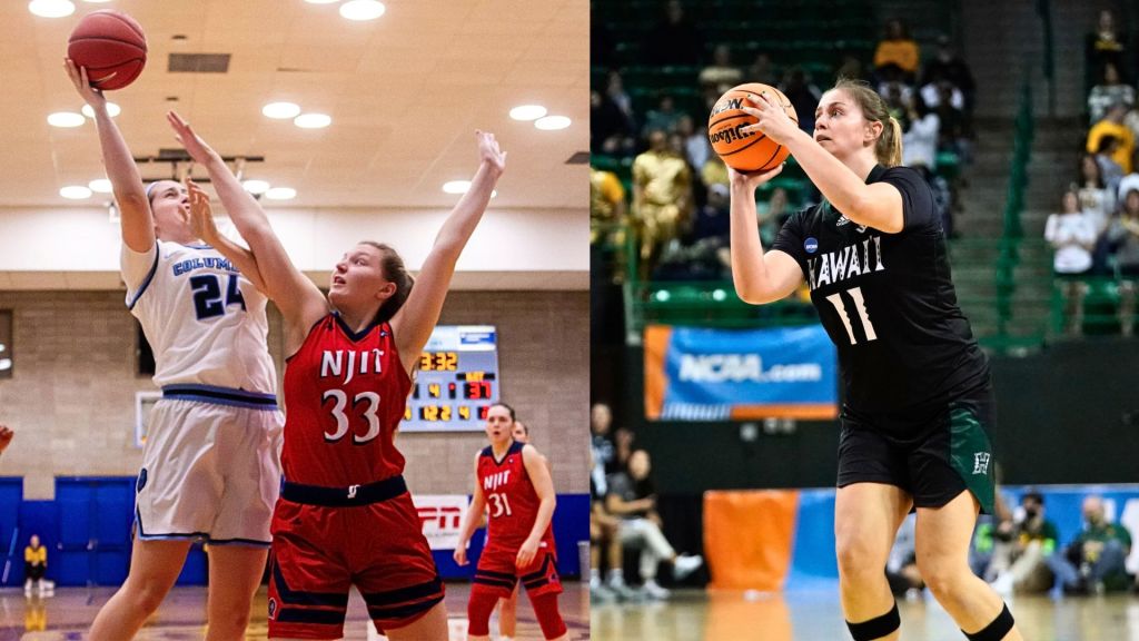 Two photos of Kallin Spiller are displayed side-by-side. At left, she attempts a right-handed layup with a defender guarding her tightly. At right, she is shown in profile shooting a 3-pointer. She is wearing a Columbia uniform in the left photo and a Hawaii one in the right photo.