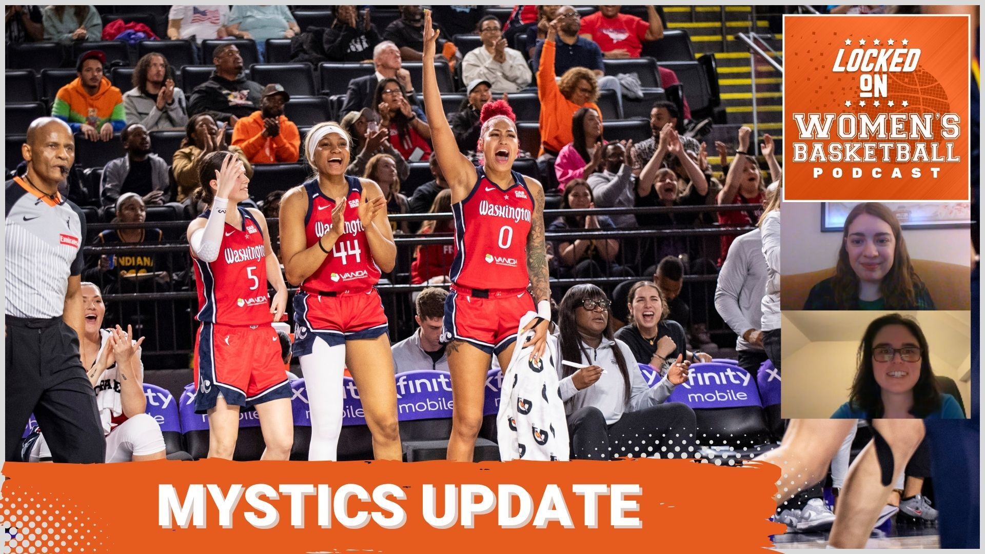 Washington Mystics players Jade Melbourne, Kiki Iriafen and Shakira Austin celebrate from the sideline while wearing red Mystics uniforms.