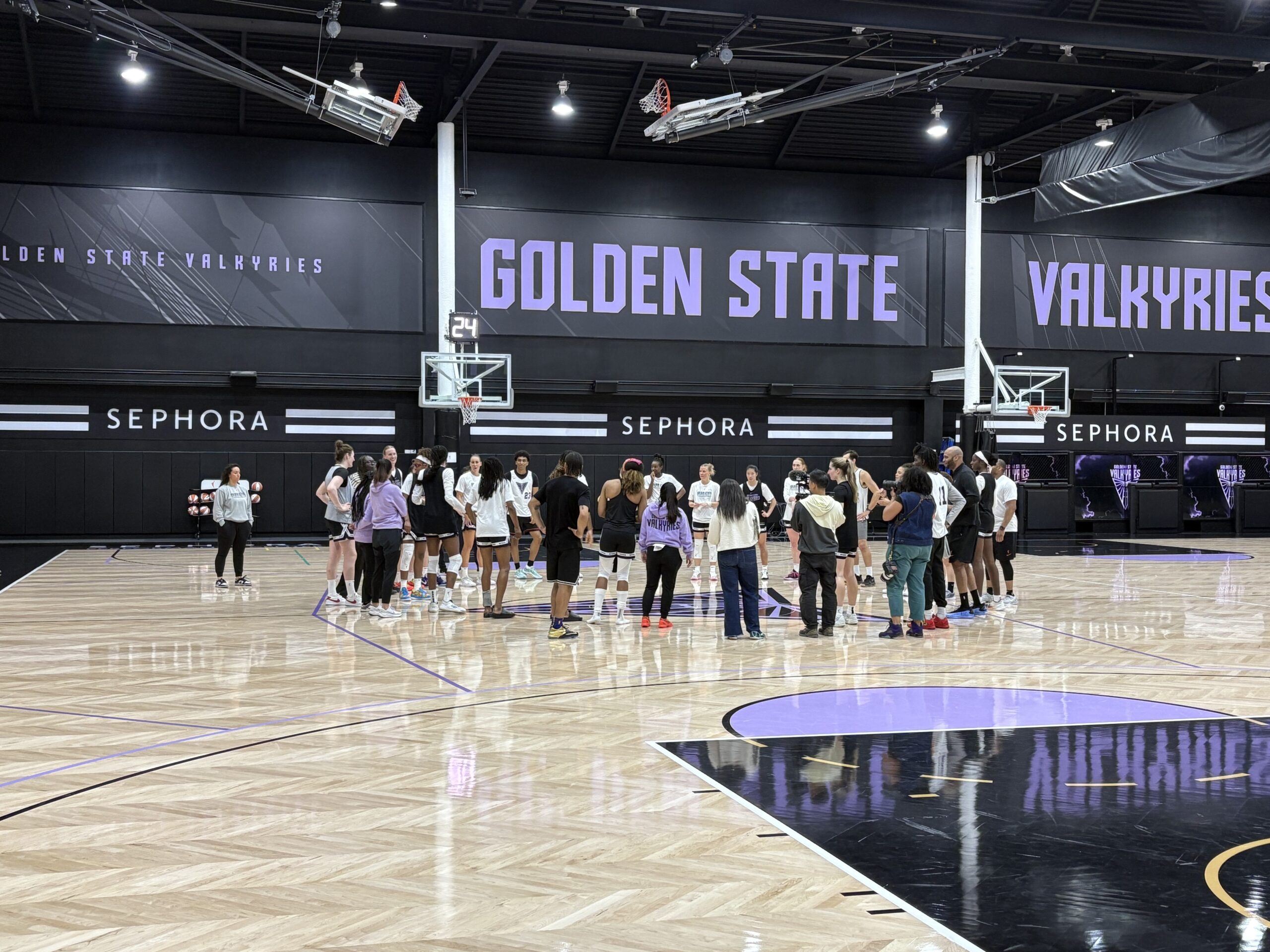 The Golden State Valkyries huddle after their second day of training camp.