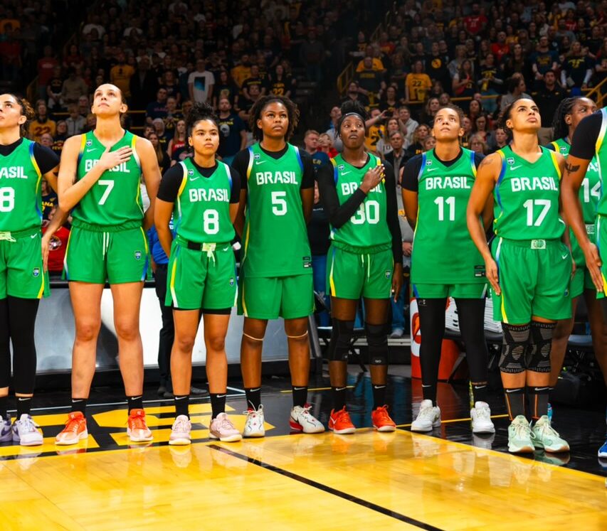 The Brazilian National Team lines up for the national anthem before its game against the Indiana Fever (Photo credit: Bella Nascimento)