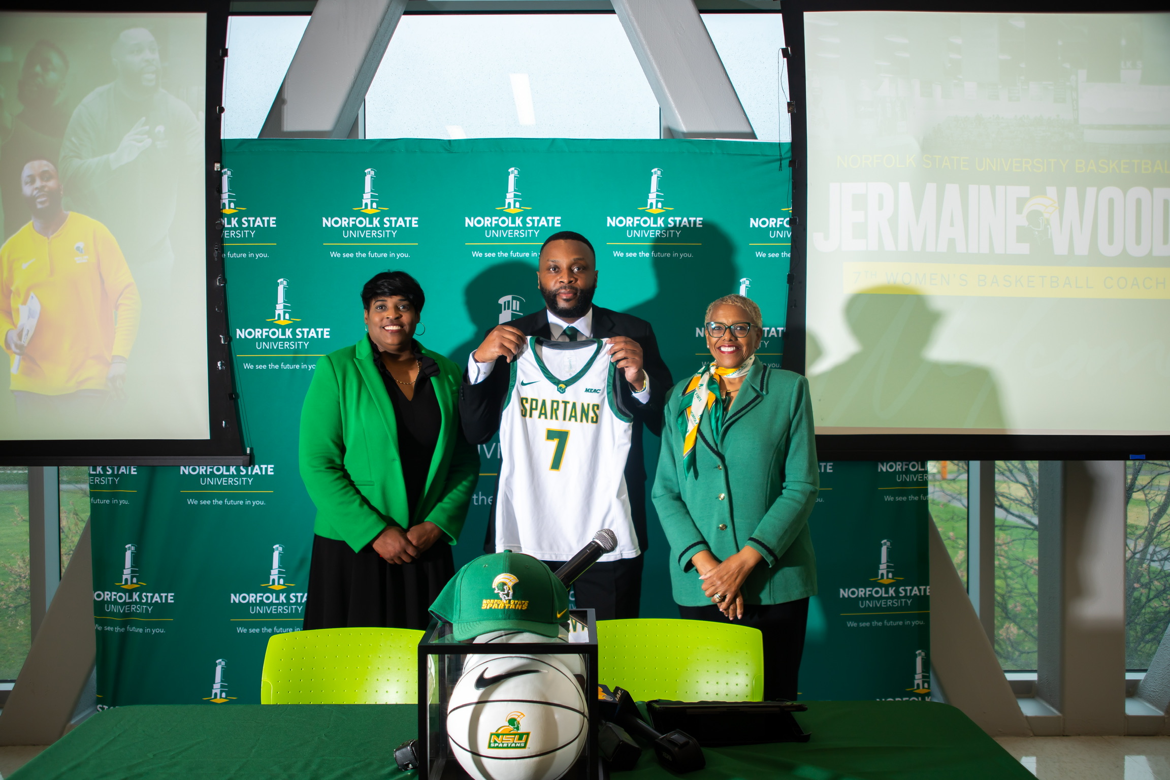 Norfolk State head coach Jermaine Woods is flanked by NSU athletics director Dr. Melody Webb and NSU president Dr. Javaune Adams-Gaston during the introductory press conference. (Photo credit: Norfolk State Athletics)