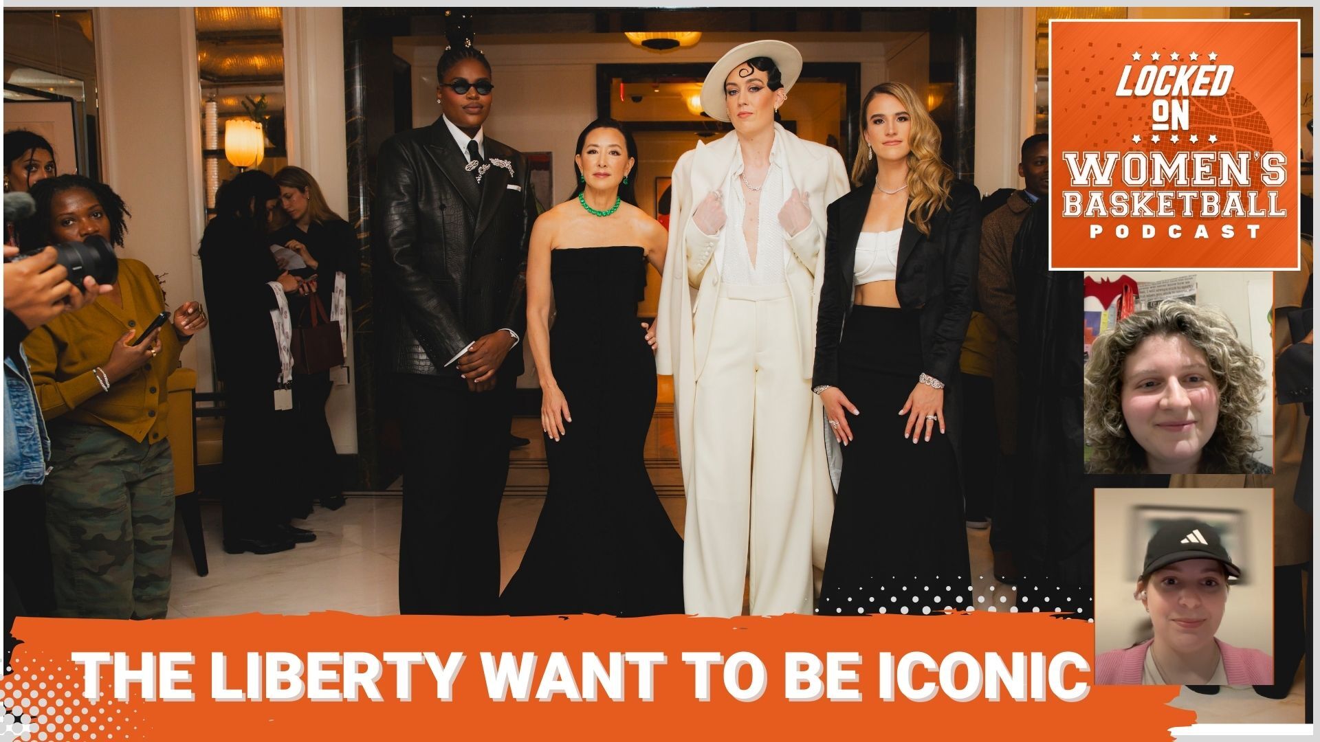 Jonquel Jones, Clara Wu Tsai, Breanna Stewart and Sabrina Ionescu take a photo before the Met Gala dressed in fancy outfits for the New York Liberty.
