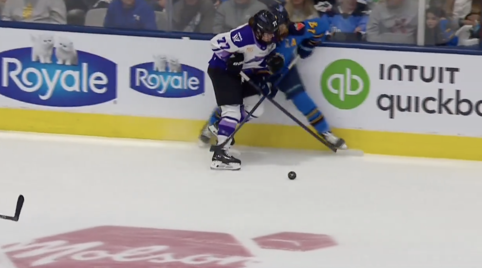 Britta Curl-Salemme hits Renata Fast in the head in Game 1 of the Semifinals of the 2025 PWHL Playoffs