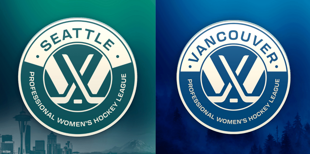 Seattle is emerald green/cream with "Seattle Professional Women's Hockey League" around the PWHL logo. Same with Vancouver, except pacific blue, not green, and "Vancouver" not "Seattle"