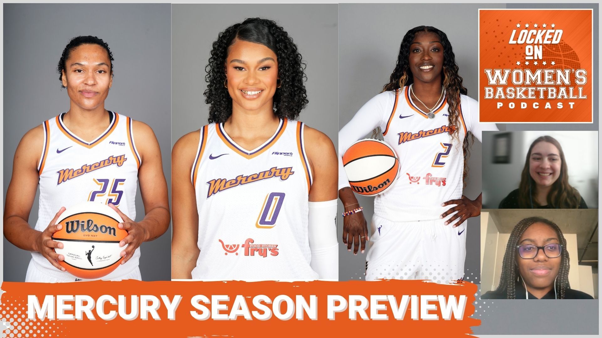 Mercury players Alyssa Thomas, Satou Sabally and Kahleah Copper are ready pictured in the Locked On Women's Basketball podcast thumbnail preview