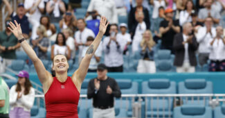 Aryna Sabalenka celebrates after winning the Miami Open