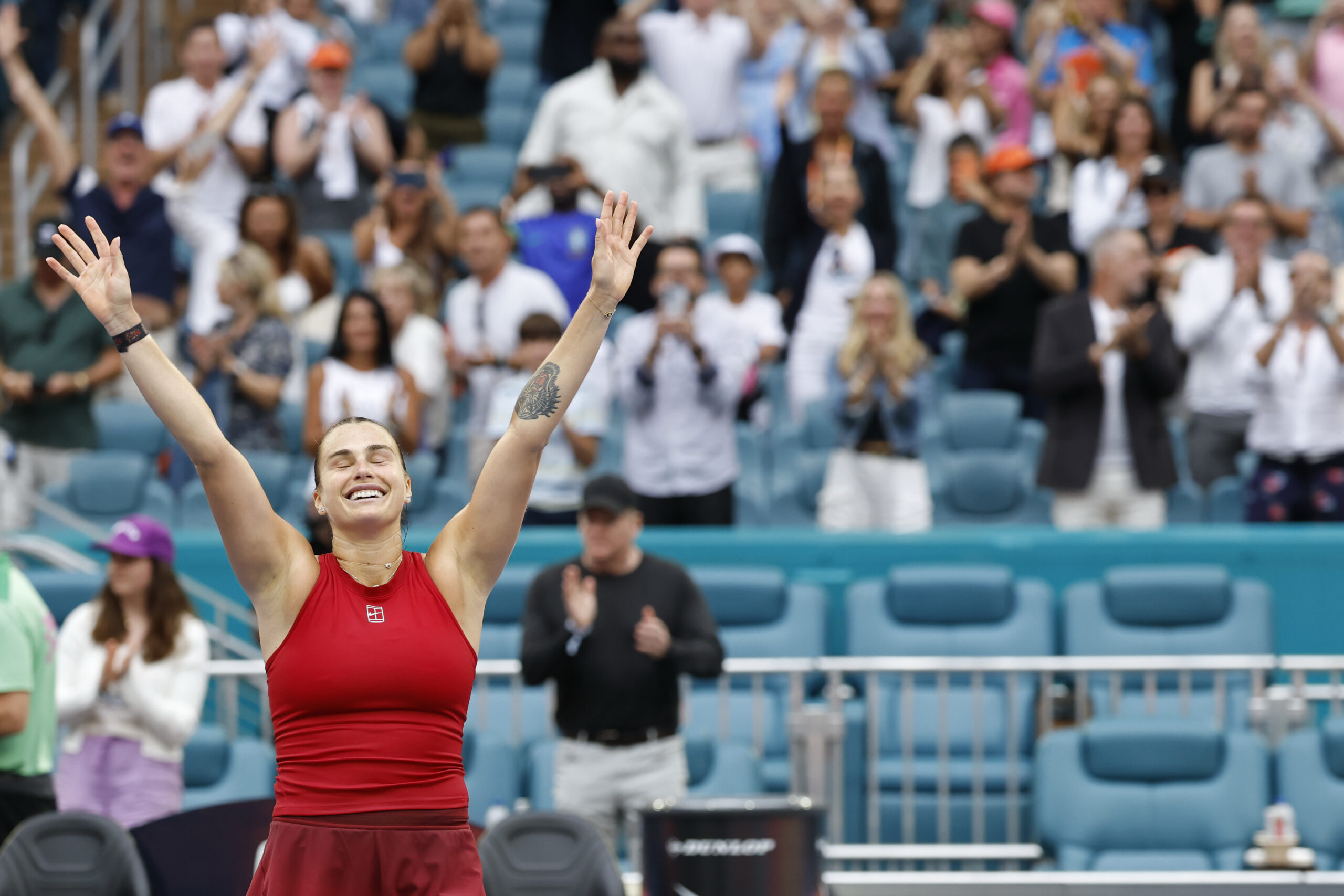Aryna Sabalenka celebrates after winning the Miami Open