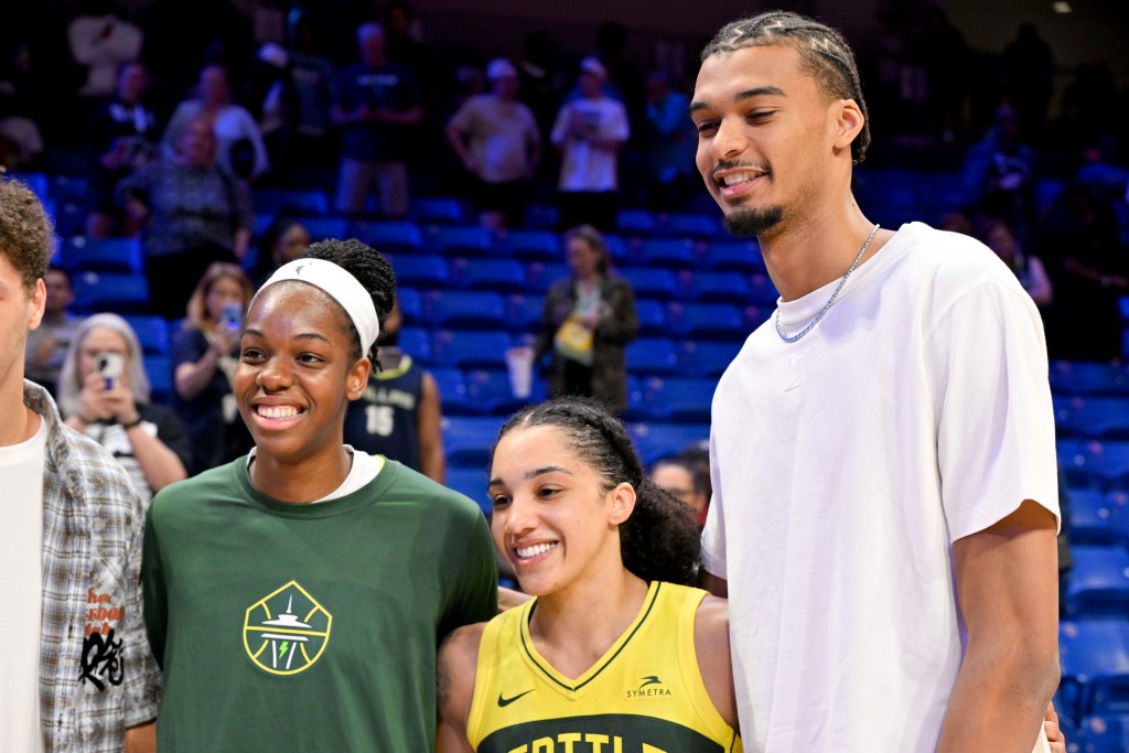 Seattle Storm center Dominique Malonga and forward Gabby Williams and San Antonio Spurs forward <a rel=