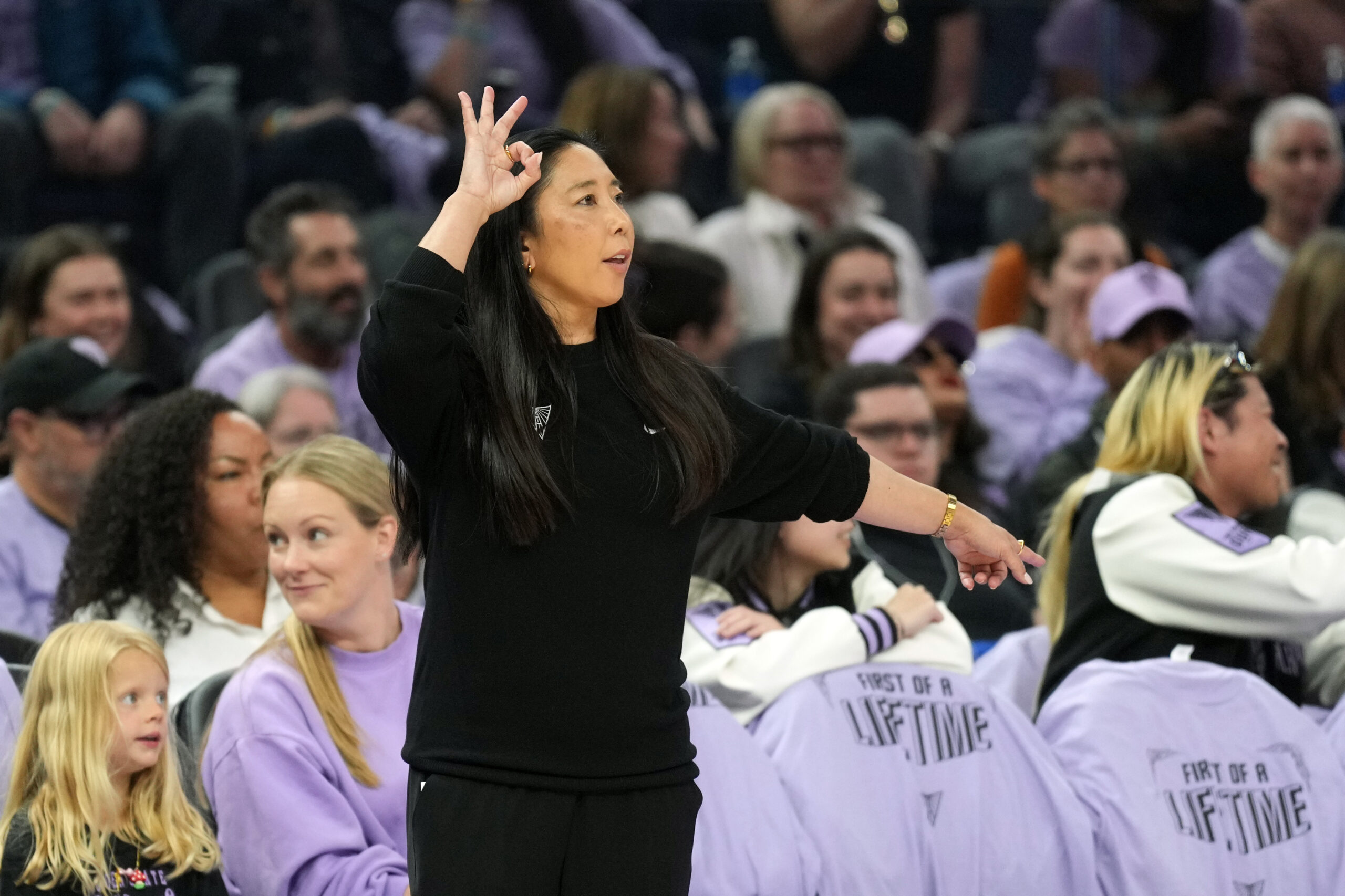 Valkyries head coach Natalie Nakase gestures during the third quarter against the Los Angeles Sparks.