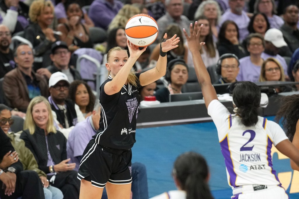 Golden State Valkyries guard Julie Vanloo shoots against Los Angeles Sparks