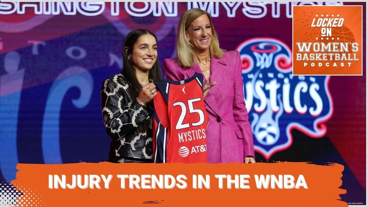 Graphic for the Locked On Women's Basketball podcast. There is a channel logo in the top-right corner, a photo of Georgia Amoore and WNBA commissioner Cathy Engelbert. Text overlay reads "Injury trends in the WNBA."