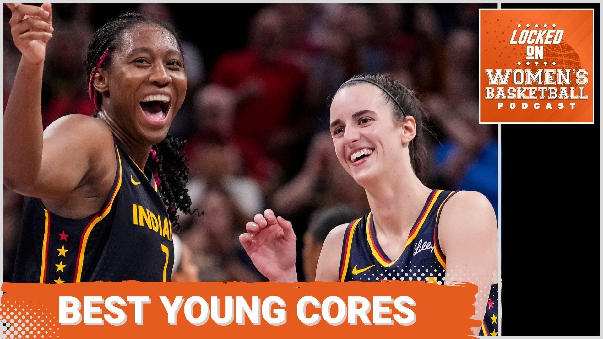 A photo of Indiana Fever stars Aliyah Boston and Caitlin Clark standing next to each other and smiling widely. Boston points in front of her with her right hand. The text "Best young cores" is overlaid at the bottom in all caps, and the orange Locked On Women's Basketball logo is in the top right corner.