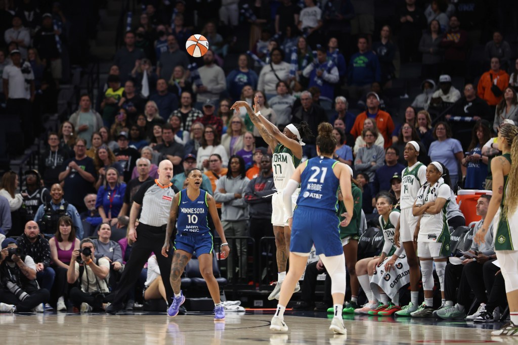 Seattle Storm guard Erica Wheeler takes a 3-point shot in the final minute against the Minnesota Lynx on May 27, 2025 at Target Center in Minneapolis, Minnesota.