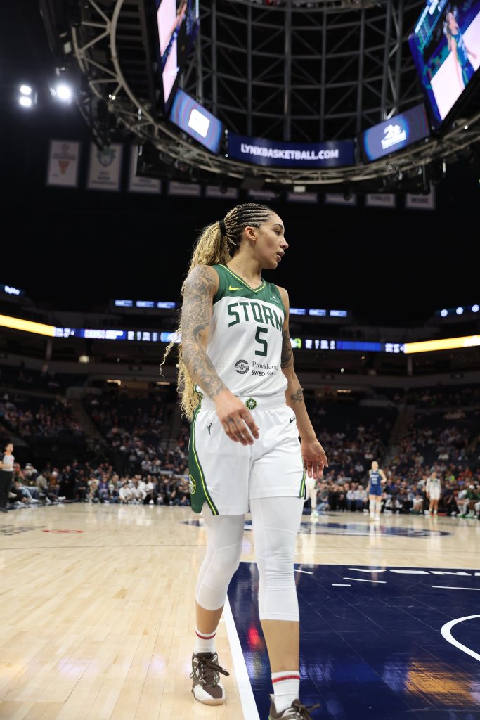 Seattle Storm forward Gabby Williams goes to take the ball out of bounds against the Minnesota Lynx in a game on May 27, 2025 at Target Center in Minneapolis, Minnesota.