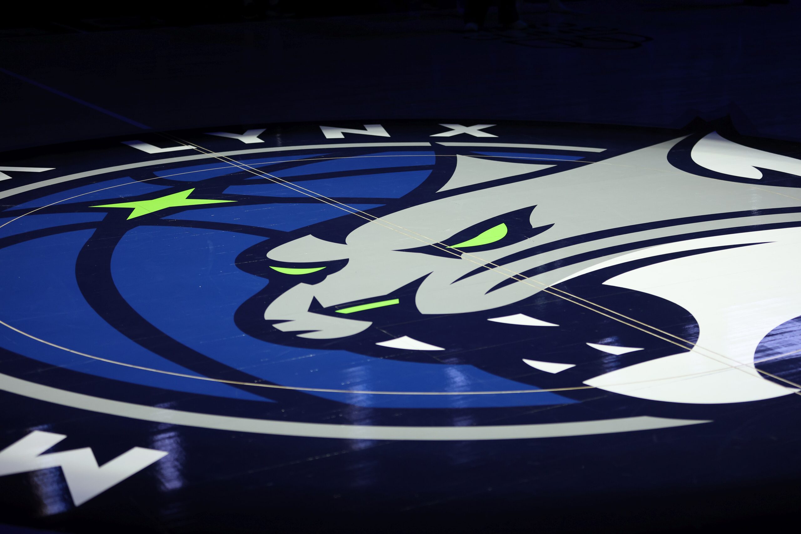 The Minnesota Lynx logo at halfcourt at the Target Center