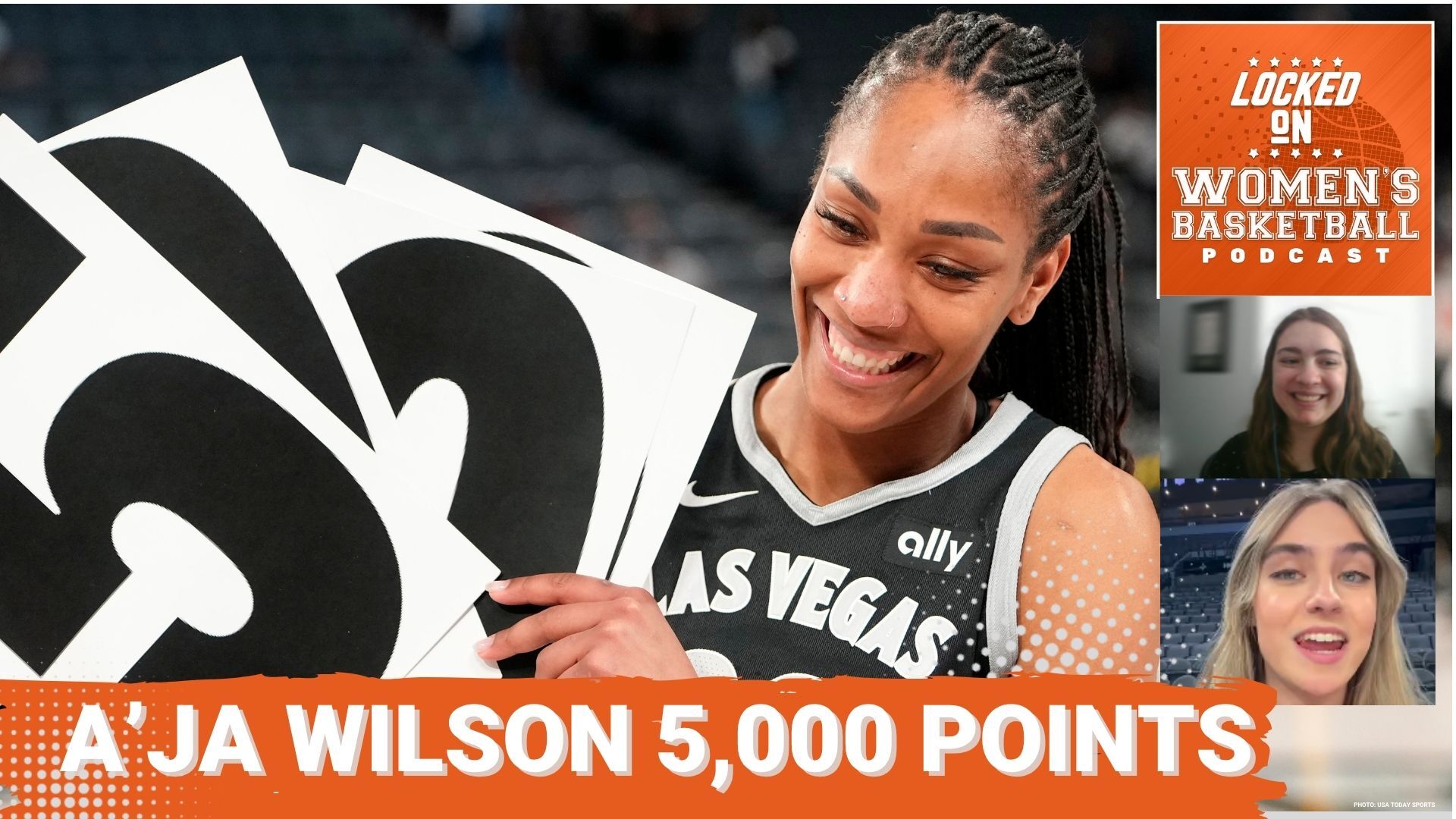 Jun 25, 2025; Las Vegas, Nevada, USA; Las Vegas Aces center A'ja Wilson (22) poses for a photo op after scoring 5,000 career points during an WNBA basketball game against the Connecticut Sun at Michelob Ultra Arena. Photo credit: Lucas Peltier | Imagn Images