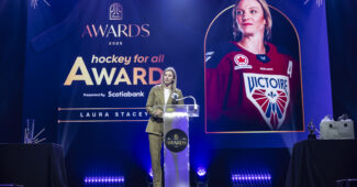 At the PWHL annual awards ceremony, Laura Stacey accepting the Hockey for all Award
