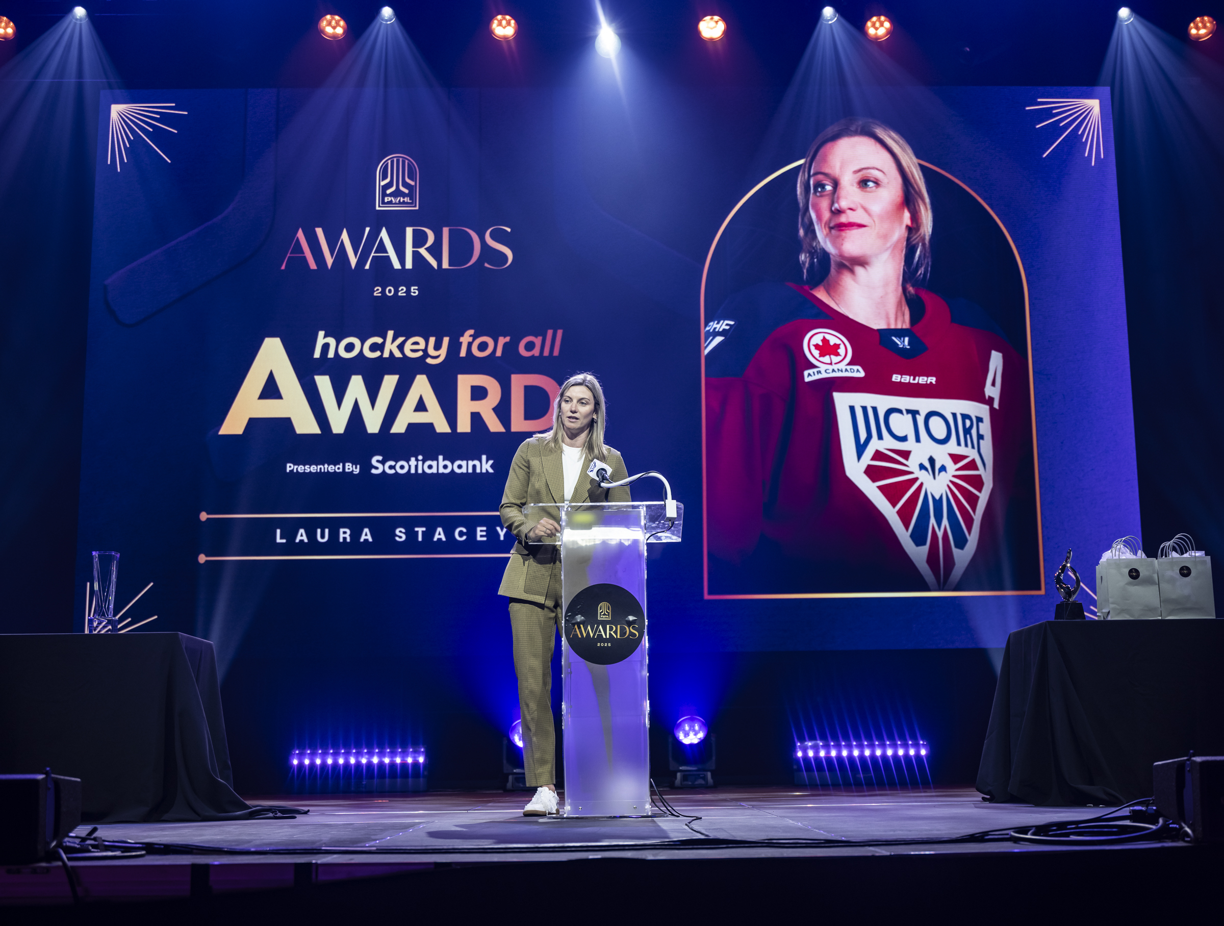 At the PWHL annual awards ceremony, Laura Stacey accepting the Hockey for all Award