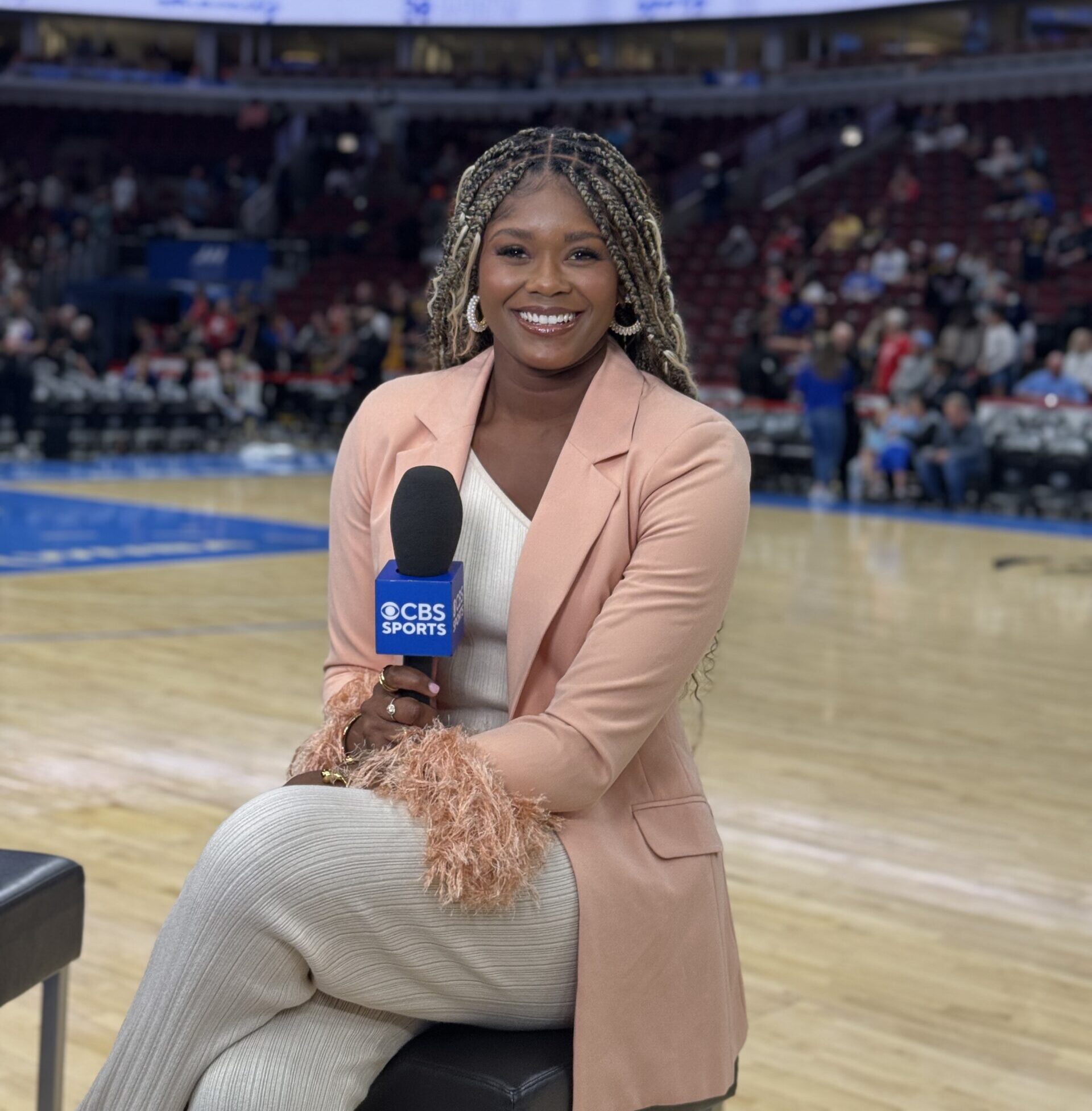 Lead WNBA on CBS analyst Isis Young prepares to broadcast CBS' first primetime WNBA at the United Center between the Indiana Fever an Chicago Sky on Saturday, June 7, 2025