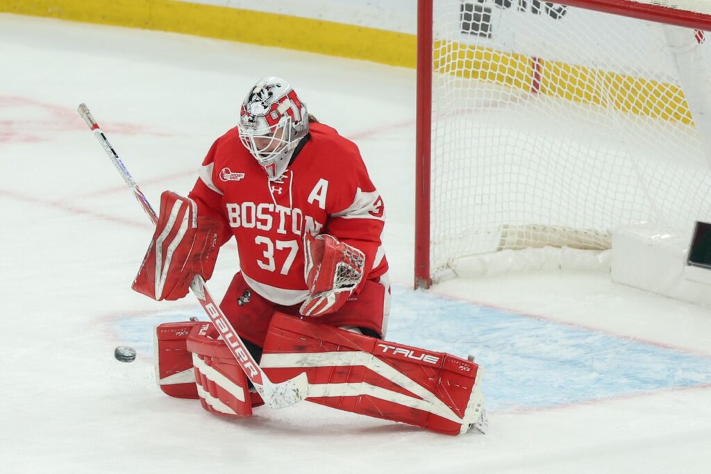 BU goalie Callie Shanahan turns away a shot during the women’s Beanpot championship game between Boston University and Northeastern University at TD Garden in Boston, Mass. on January 21, 2025. Katie Morrison-O'Day/Mass Live
