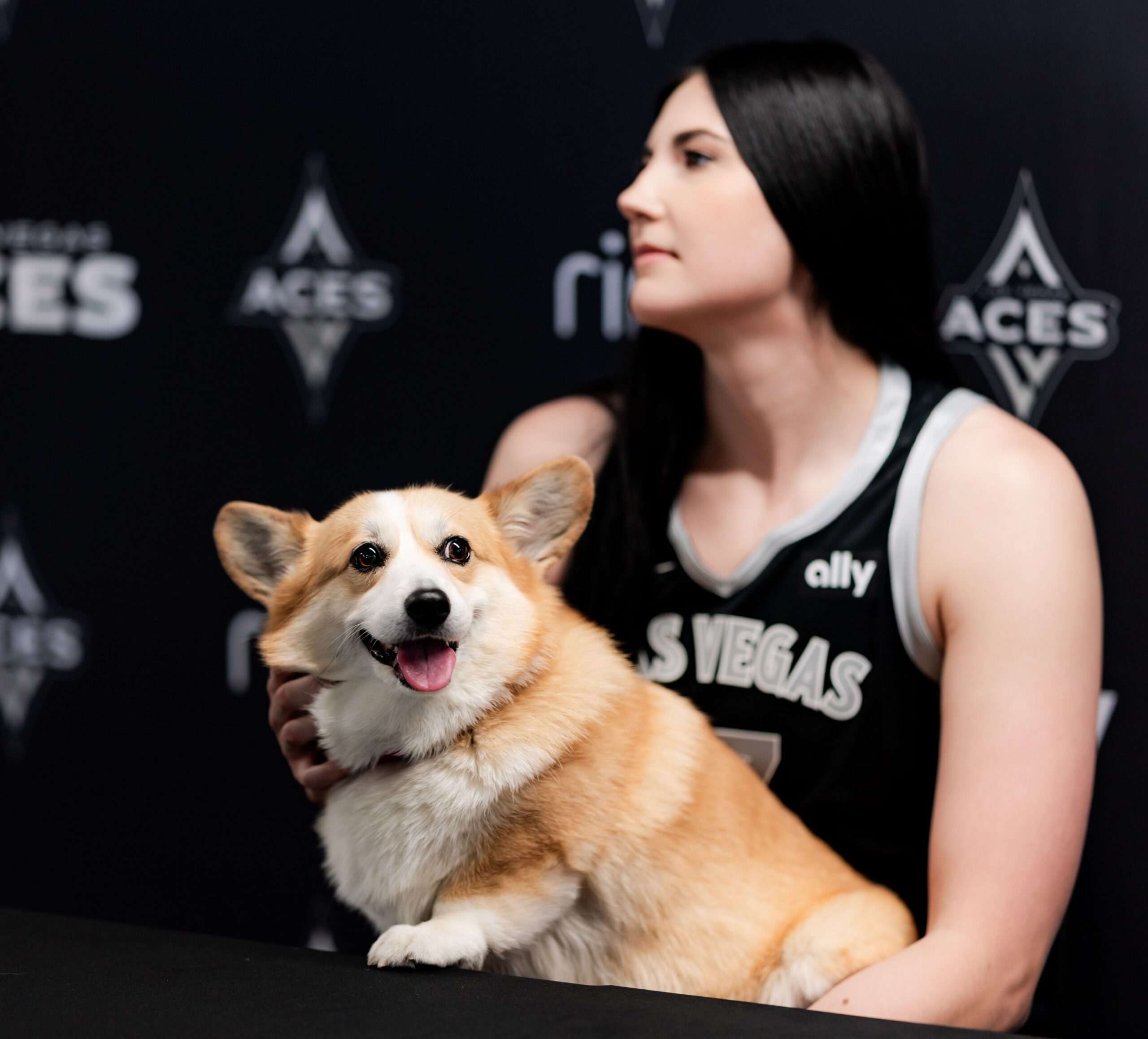 Megan Gustafson and her dog, Pancake at Las Vegas Aces media day.
