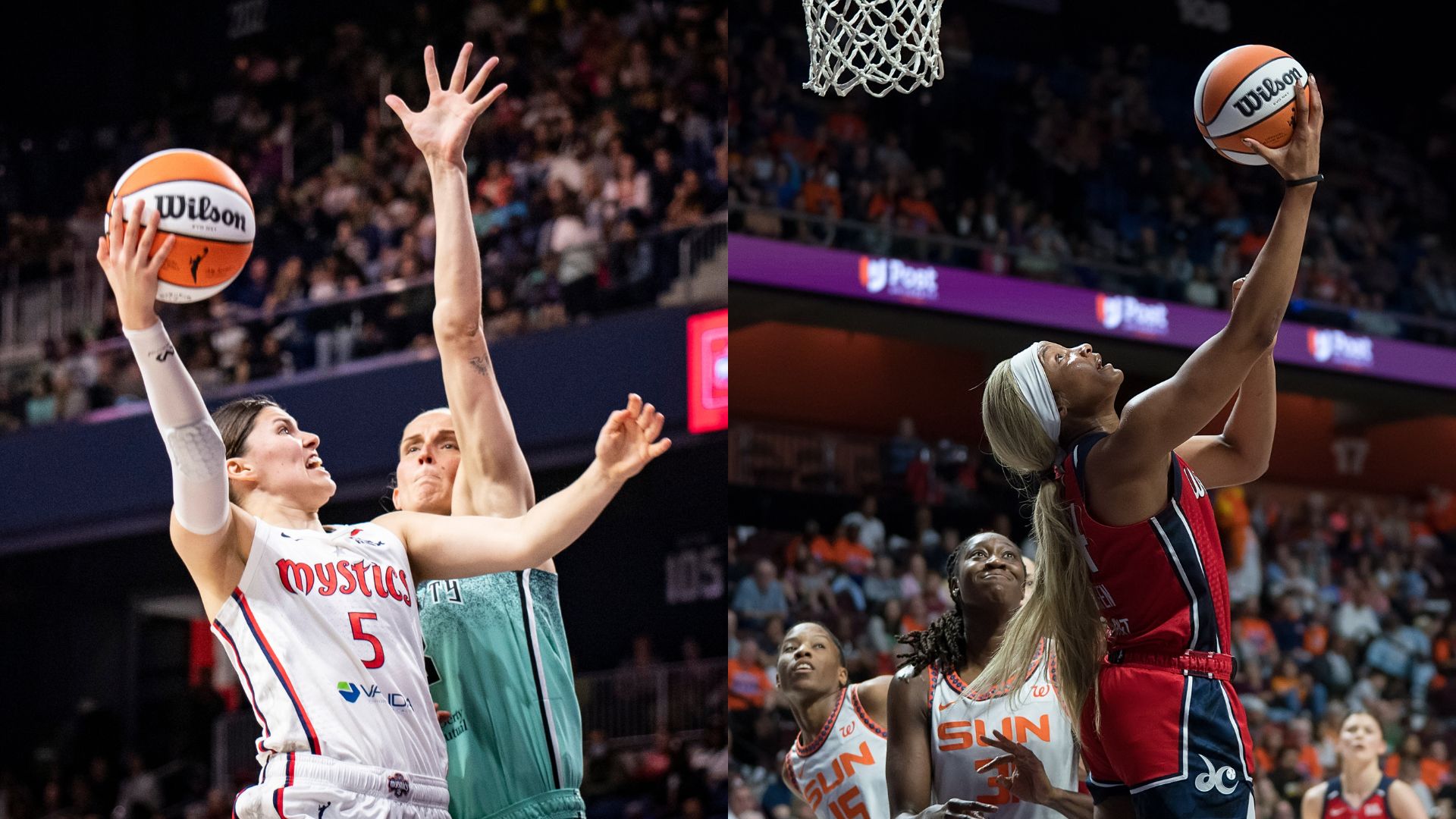 Two photos are shown side-by-side. At left, Washington Mystics guard Jade Melbourne rises for a right-handed layup under heavy pressure from New York Liberty forward Leonie Fiebich. At right, Mystics forward Kiki Iriafen prepares to release a right-handed reverse layup and looks behind her at the rim.