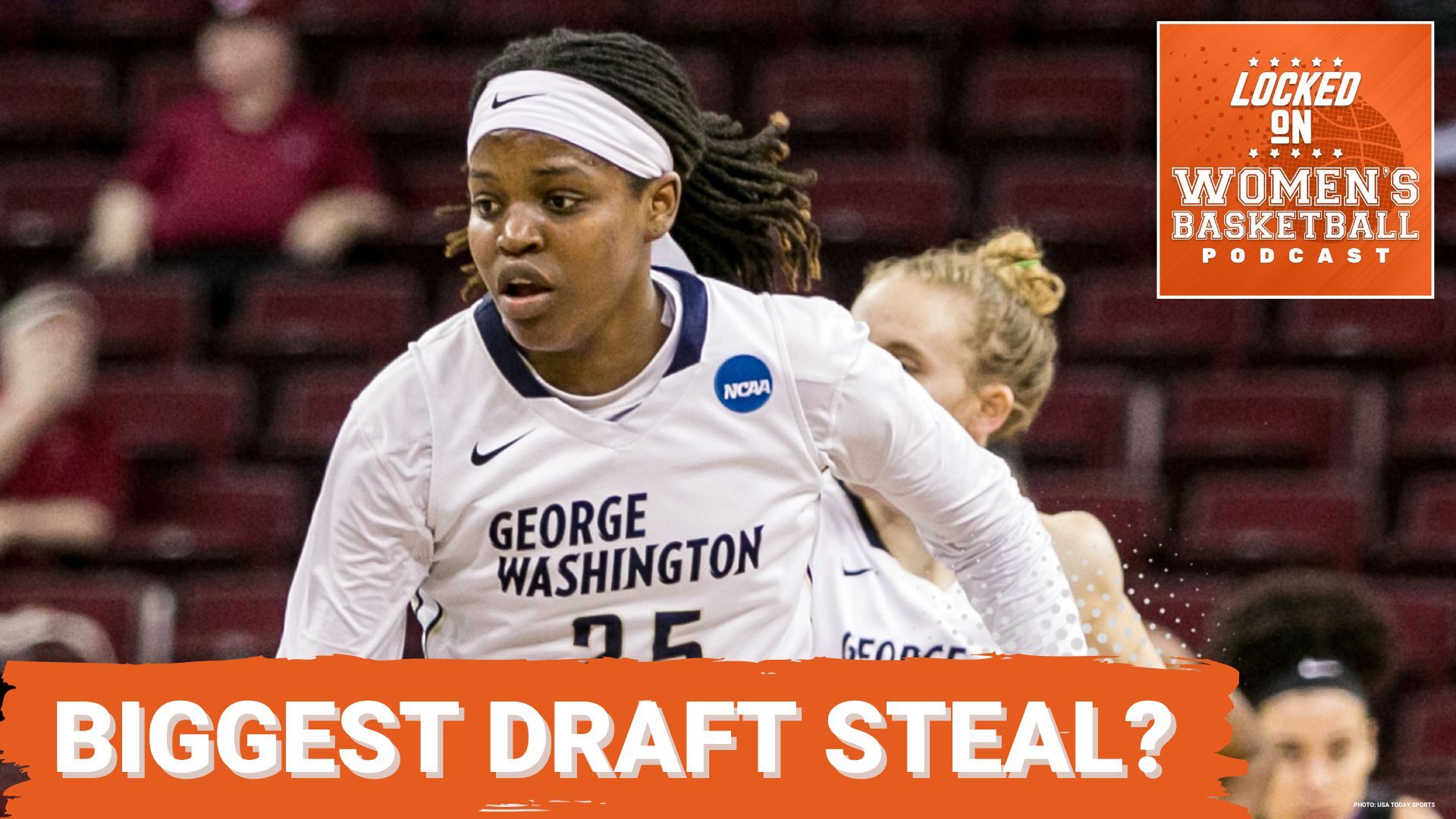 A thumbnail for the Locked on Women's Basketball podcast (logo top right) episode titled across the bottom as "Biggest draft steal?" below a photo of Jonquel Jones in her time playing for George Washington.