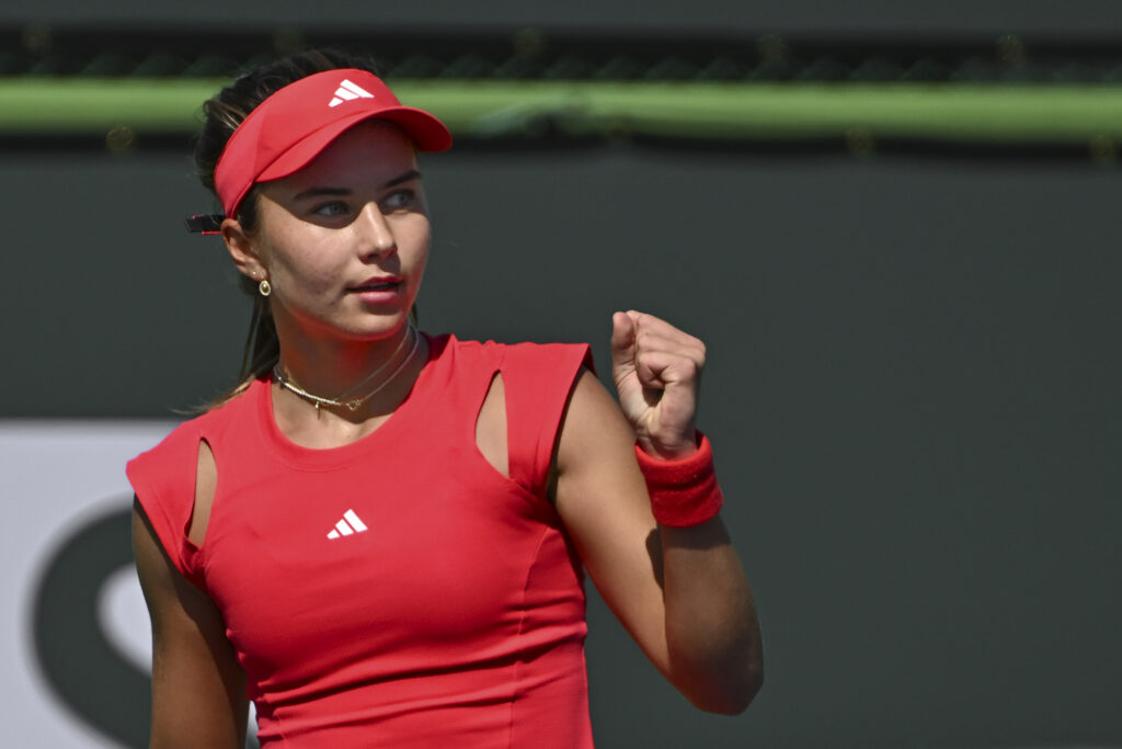 Iva Jovic fist pumps during a match at the 2025 BNP Paribas Open