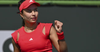 Iva Jovic fist pumps during a match at the 2025 BNP Paribas Open