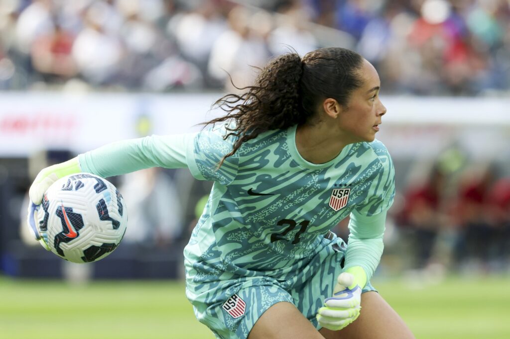 Apr 5, 2025; Inglewood, California, USA; United States of America goalkeeper Phallon Tallis-Joyce (21) against Brazil at SoFi Stadium. Mandatory Credit: Bailey Holiver-Imagn Images