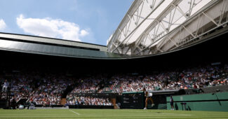 A view of Court No. 1 during Aryna Sabalenka and Carson Branstine's first round match at Wimbledon