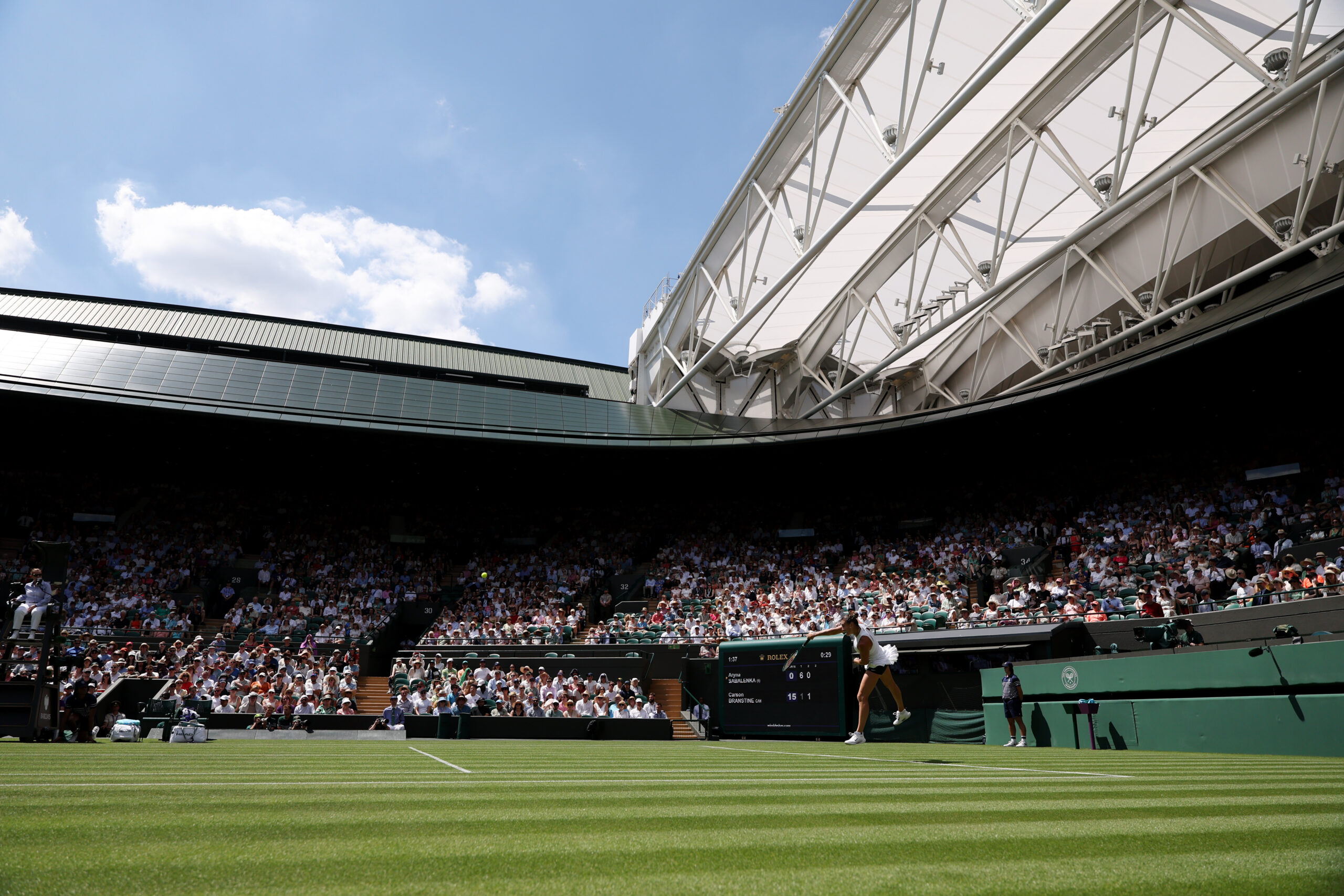 A view of Court No. 1 during Aryna Sabalenka and Carson Branstine's first round match at Wimbledon