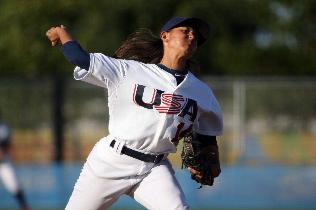 Kelsie Whitmore delivers a pitch for USA Baseball.