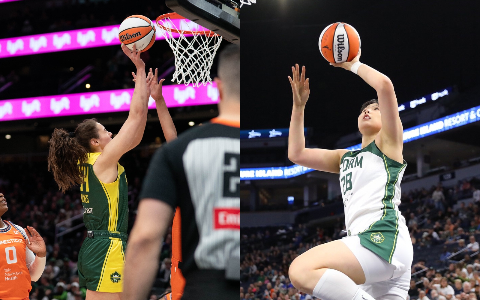 On left: Storm forward Mackenzie Holmes goes up for a layup against the Connecticut Sun during a preseason game on May 4 at Climate Pledge Arena in Seattle, Wash. On right: Li Yueru goes up for a layup against the Minnesota Lynx in a game on May 27, 2025 at Target Center in Minneapolis, Minnesota.