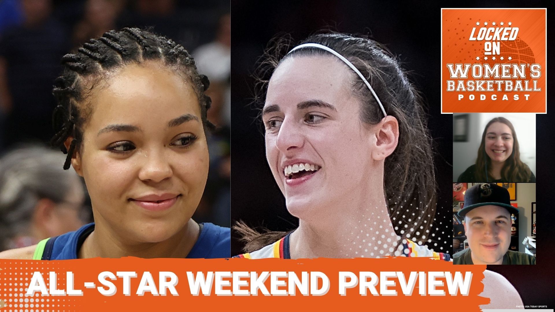 Graphic with headshots of Napheesa Collier (left) and Caitlin Clark (right) during WNBA games. Locked On Women's Basketball logo at top right. All-caps white text on orange background at lower left reads "All-Star Weekend Preview". Headshots of host Natalie Heavren and guest Tony East.