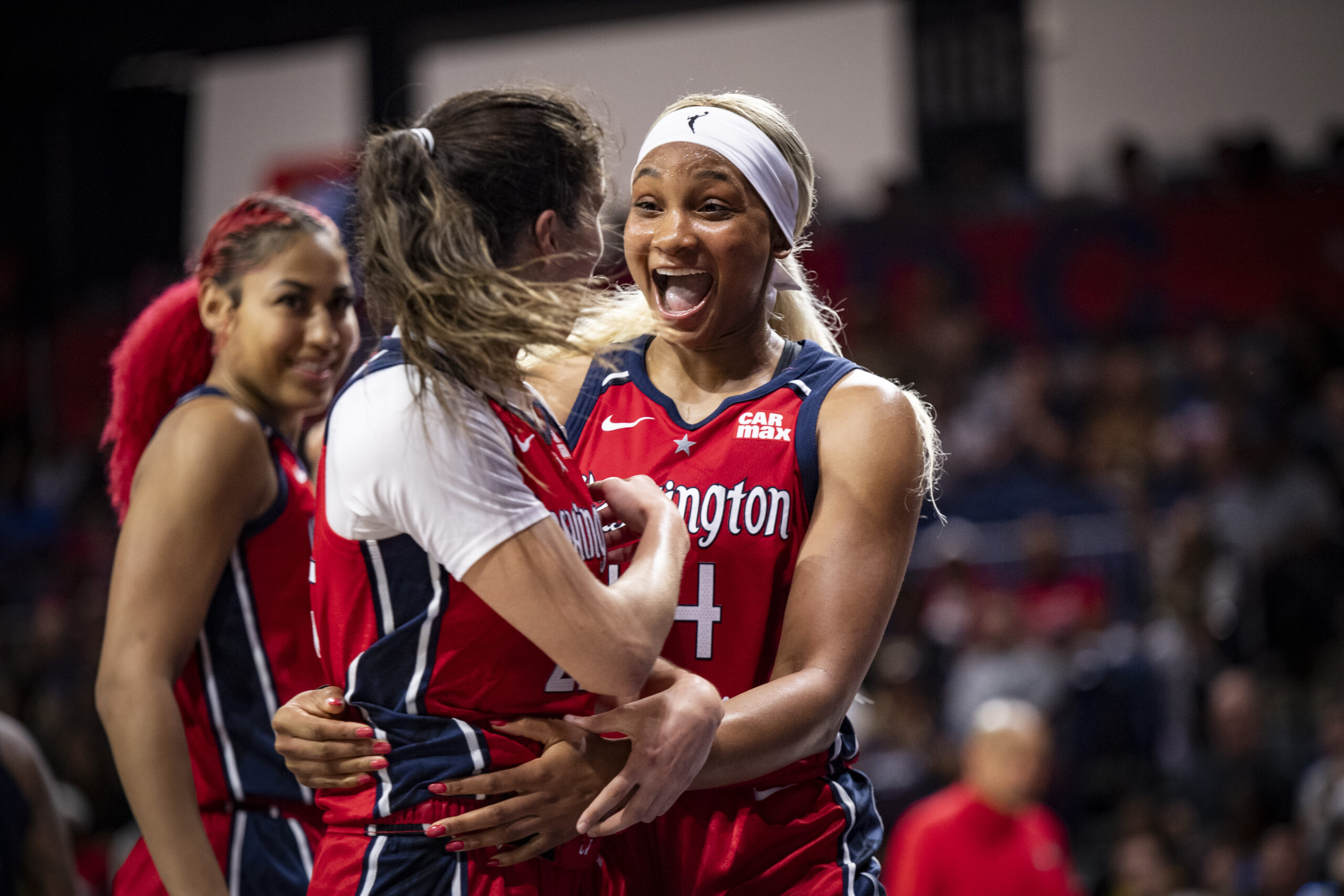 Washington Mystics rookies Kiki Iriafen (Right) and Sonia Citron (Left) look at each other excitedly during a dead ball