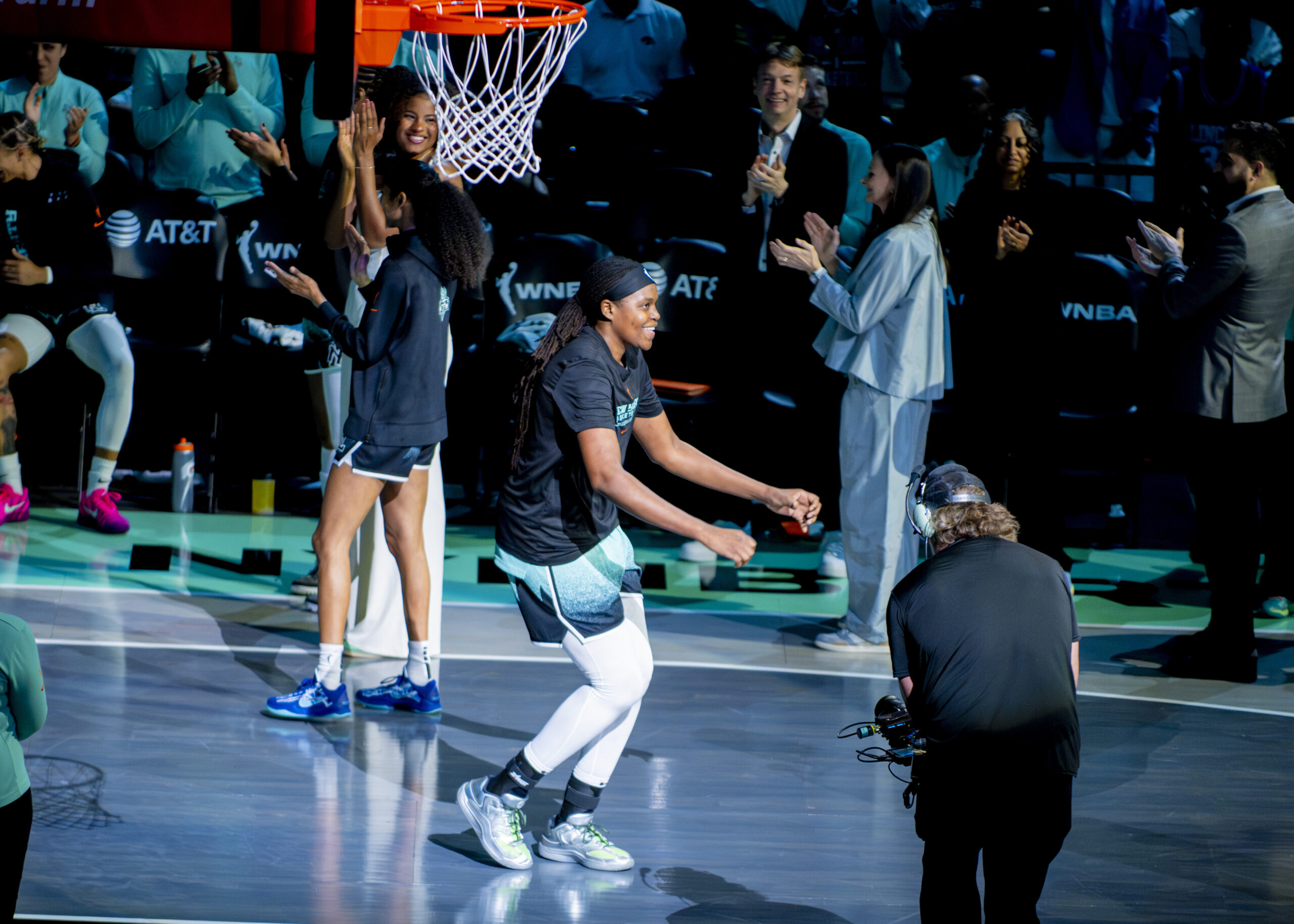 Jonquel Jones returns to the starting lineup for the Liberty and does a dance to signify that.