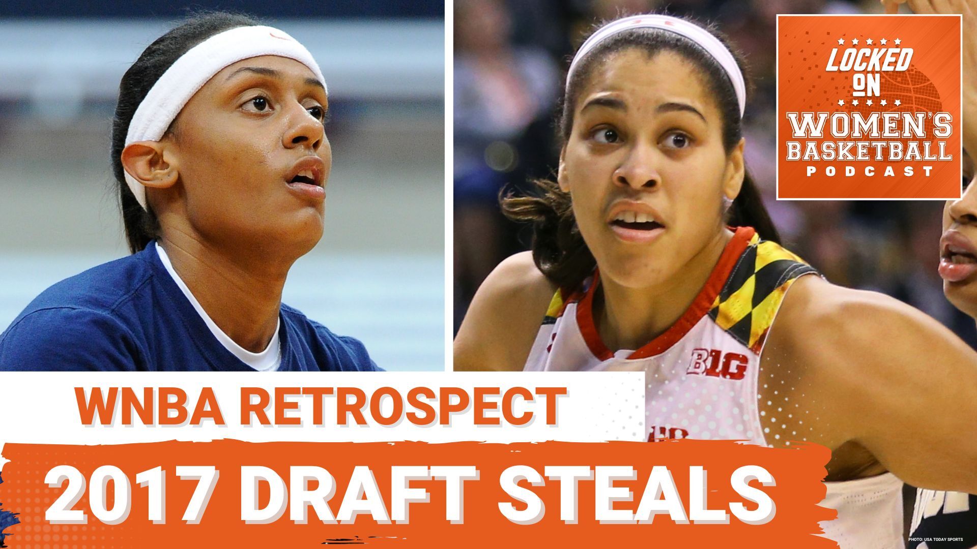 A thumbnail for the Locked On Women's Basketball podcast titled "2017 Draft Steals" across the bottom below a split image of Brittney Sykes on the left and Brionna Jones on the right.